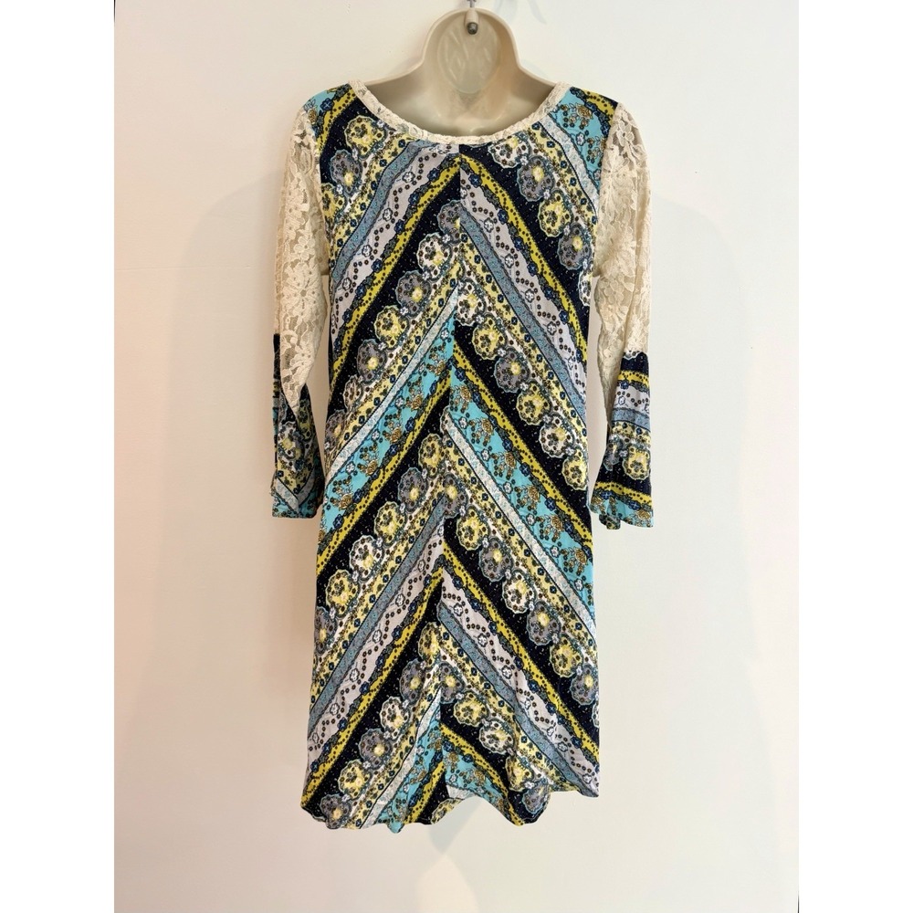 Umgee Tunic Mini Dress Sz S Babydoll Lace Bell Sleeve Blue Boho Peasant Flowy - Picture 7 of 8